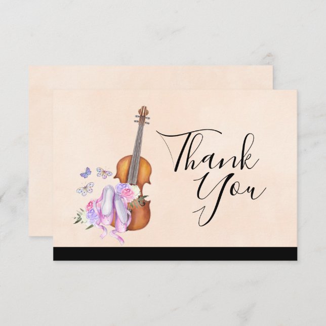 Invitación Violín, zapatos de ballet, flores y mariposas (Anverso / Reverso)