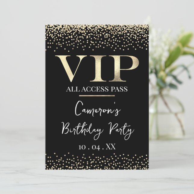 Invitación VIP Dorado en Evento o Fiesta Negra (Anverso de pie)
