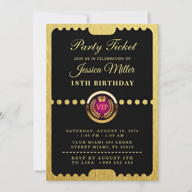 Invitación VIP Party Ticket Birthday Invitation (Anverso)