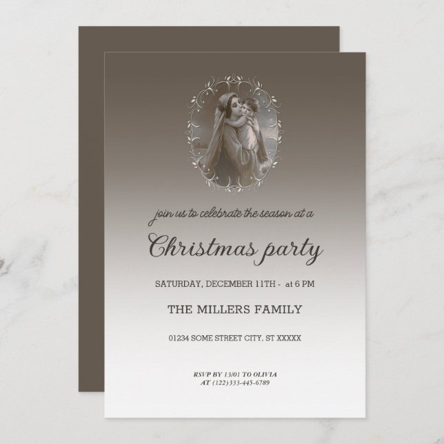 Invitación Virgen antigua y niño con marco de plata (Anverso / Reverso)