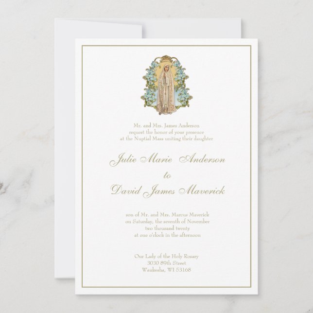 Invitación Virgen Católica María Floral Azul Boda (Anverso)