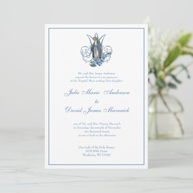 Invitación Virgen Católica María Floral Azul Boda (Anverso de pie)
