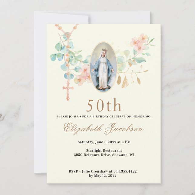 Invitación Virgen de Cumpleaños Religiosa María Escritura Ros (Anverso)