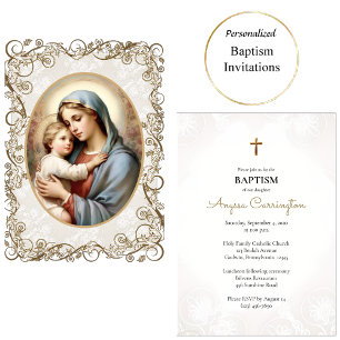 Invitación Virgen e hijo marco dorado ornado Bautizo católico