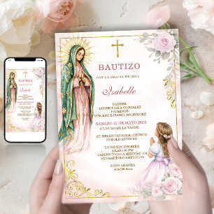 Invitación Virgen Guadalupe Bautizo Niña Rosas Rosadas Oro
