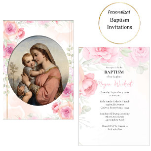 Invitación Virgen y Niño Rosas Suaves Rosa Bautismo Católico