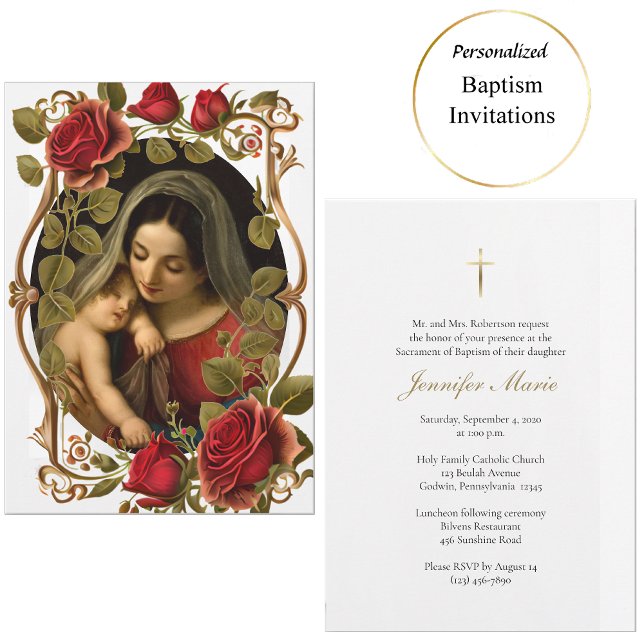Invitación Virgin and Child Red Roses Roman Catholic Baptism  (Subido por el creador)