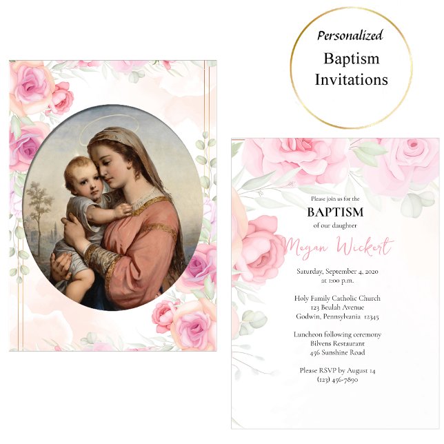 Invitación Virgin and Child Soft Pink Roses Catholic Baptism (Subido por el creador)