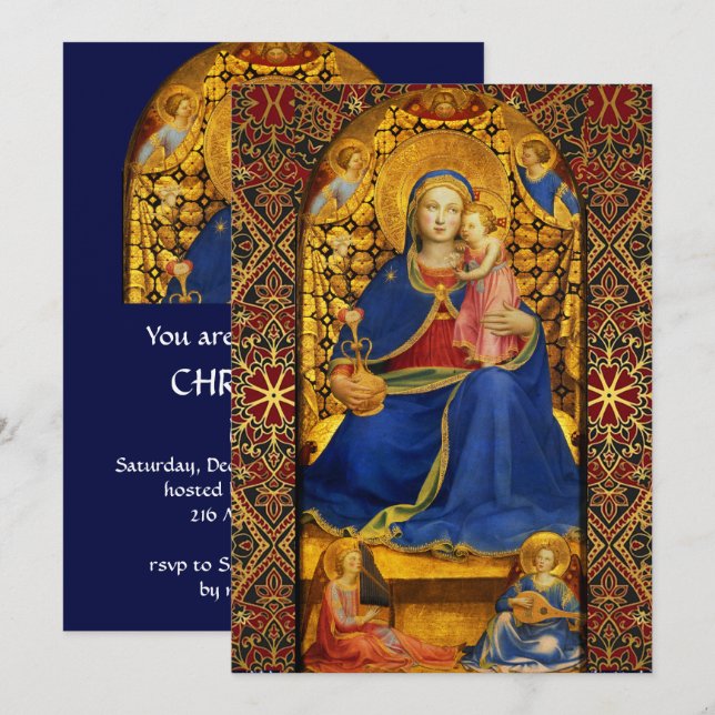 Invitación VIRGINA CON NIÑO Y ANGELES Fiesta Navidades azules (Anverso / Reverso)
