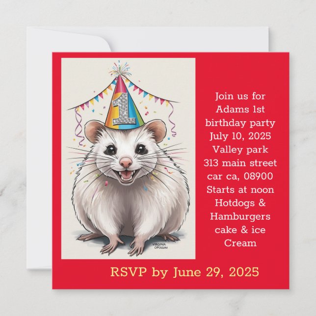 Invitación Virginia Opossum vistiendo gorra de cumpleaños (Anverso)