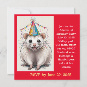 Invitación Virginia Opossum vistiendo gorra de cumpleaños