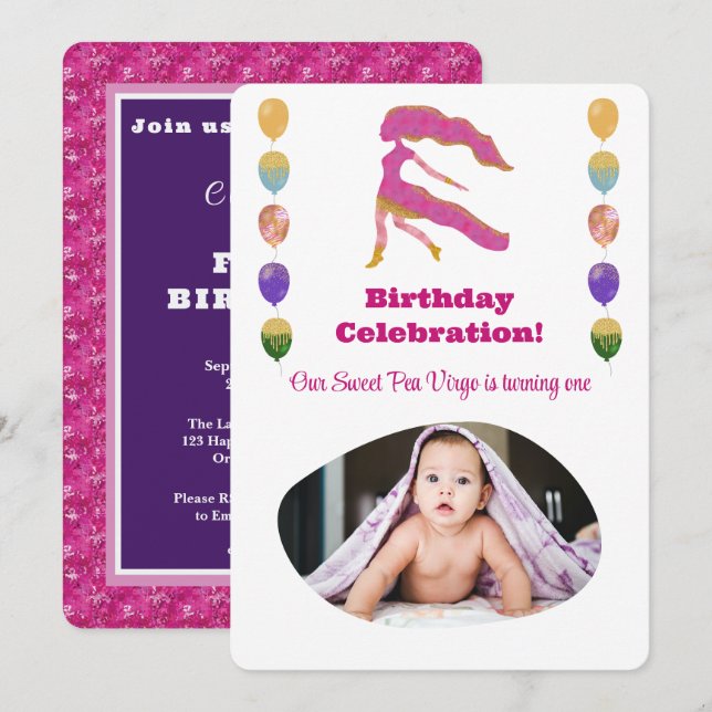 Invitación Virgo 1st Birthday Photo Impressionist Gold (Anverso / Reverso)