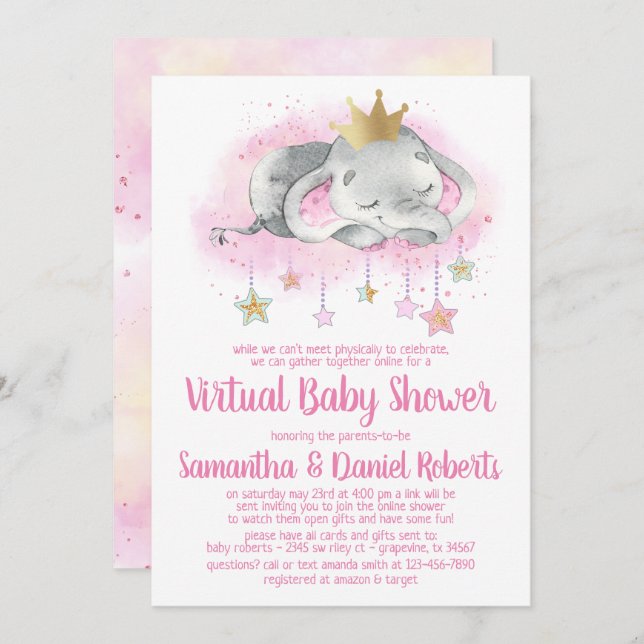 Invitación virtual Baby Shower a la princesa elefa (Anverso / Reverso)