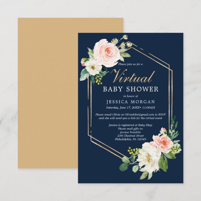 Invitación virtual Baby Shower a Navy Blue Gold (Anverso / Reverso)