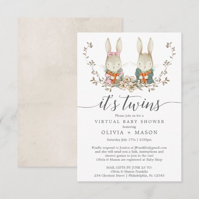 Invitación virtual Baby Shower de Conejo Vintage (Anverso / Reverso)