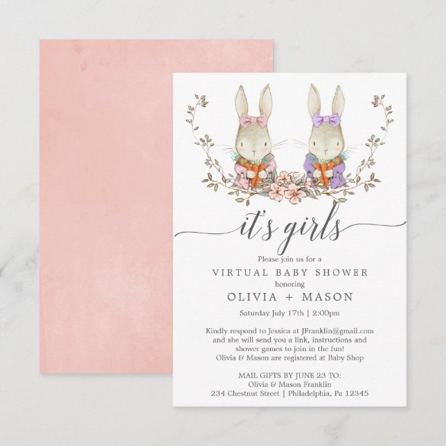 Invitación virtual Baby Shower de Conejo Vintage (Anverso / Reverso)