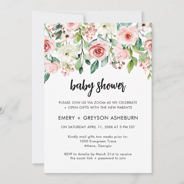 Invitación virtual Baby Shower de Rubor Pink Flora (Anverso)
