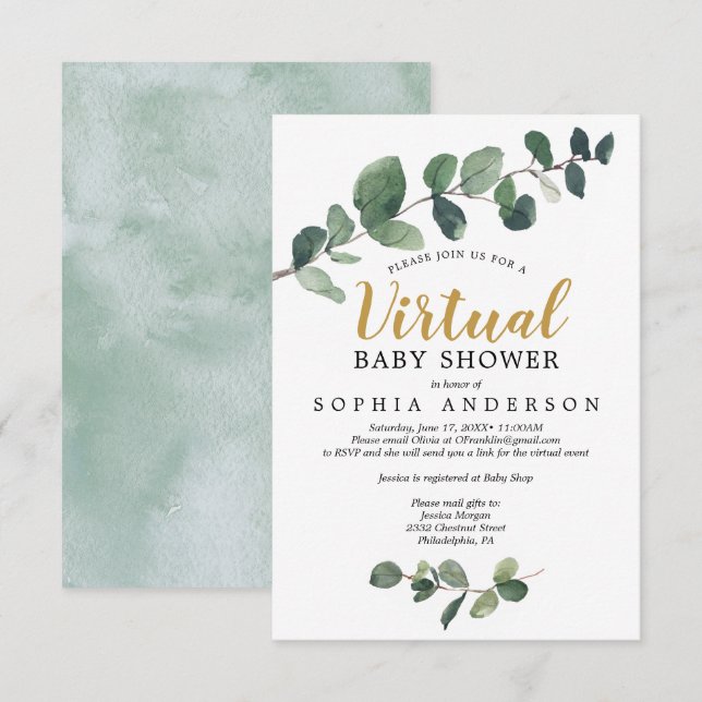 Invitación virtual de Baby Shower a Eucalyptus (Anverso / Reverso)