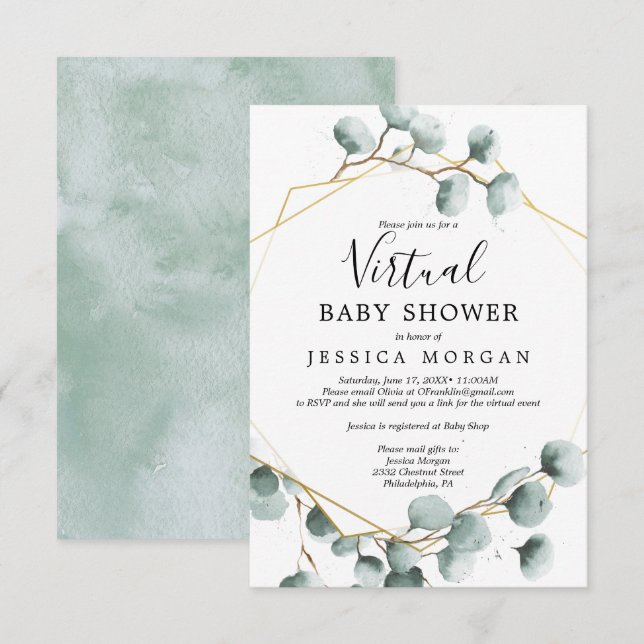 Invitación virtual de Baby Shower a Eucalyptus Gre (Anverso / Reverso)