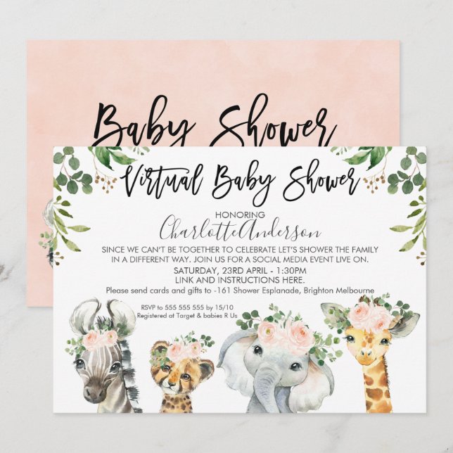 Invitación virtual de Baby Shower a los animales d (Anverso / Reverso)