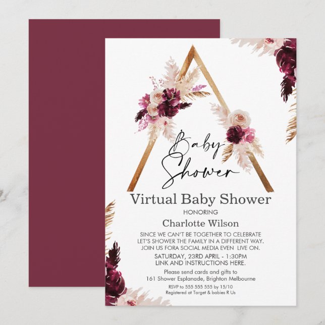 Invitación virtual de Baby Shower a Maroon Boho Pa (Anverso / Reverso)