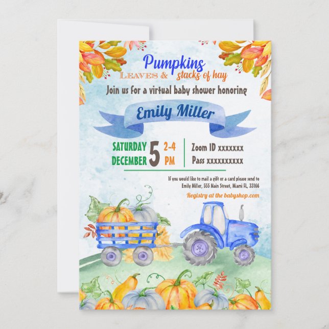Invitación virtual de Baby Shower al tractor de ca (Anverso)