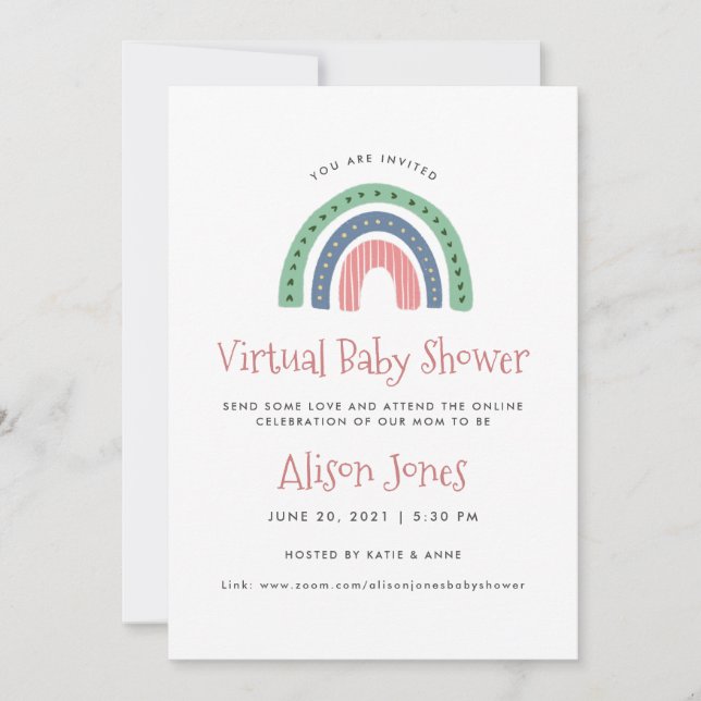 Invitación virtual de Baby Shower con arcoiris sua (Anverso)