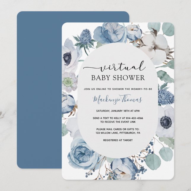 Invitación virtual de Baby Shower Dusty Blue Flora (Anverso / Reverso)
