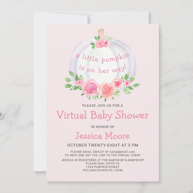 Invitación virtual de Baby Shower rosa de la calab (Anverso)