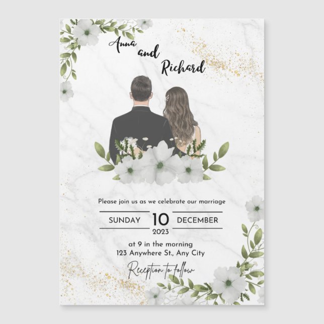 Invitación virtual de Boda ilustrativo blanco y ve (Anverso)