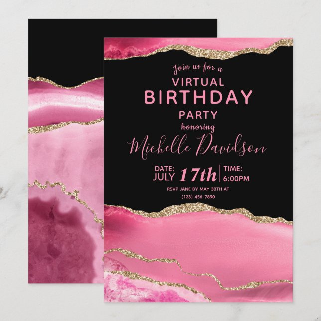 Invitación virtual de cumpleaños de Agate Rosado y (Anverso / Reverso)