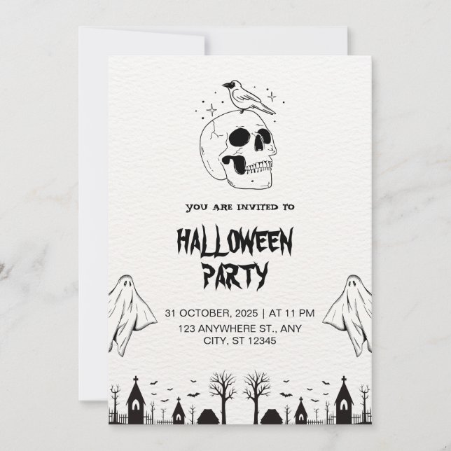 Invitación Virtual de la fiesta simple de Halloween en blanco (Anverso)