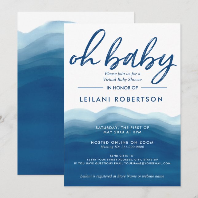 Invitación Virtual Oh Baby Blue Ombre Watercolor Baby Shower (Anverso / Reverso)