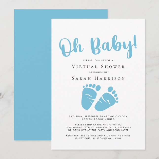 Invitación Virtual Oh Baby Boy Shower Blue Pies (Anverso / Reverso)