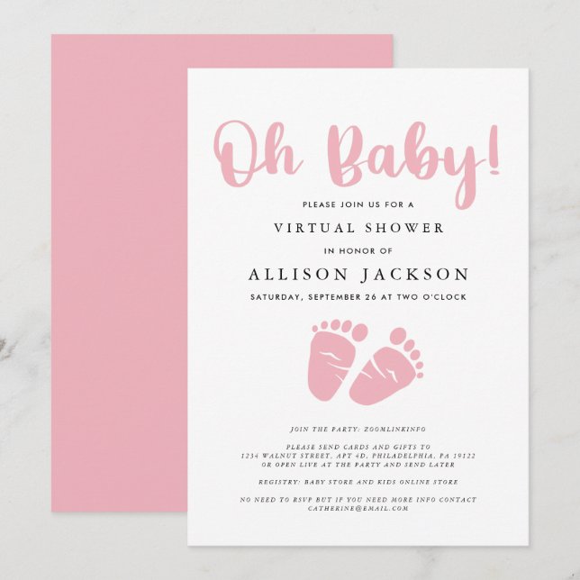 Invitación Virtual Oh Baby Girl Shower Pies De Bebé Rosa Simp (Anverso / Reverso)
