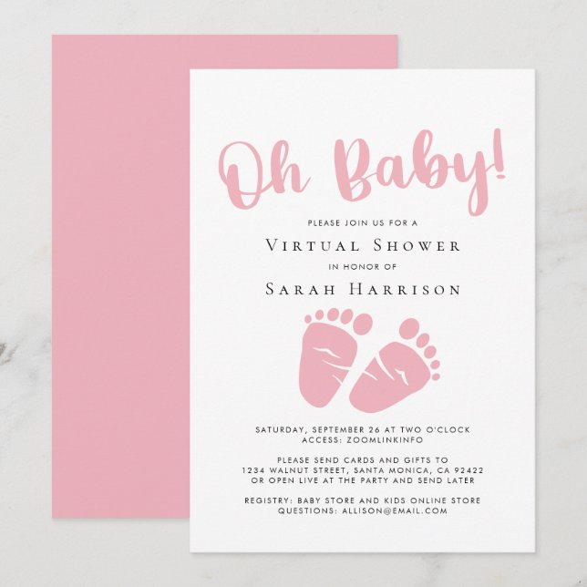 Invitación Virtual Oh Baby Girl Shower Pies Rosa (Anverso / Reverso)
