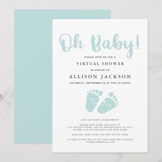 Invitación Virtual Oh Baby Shower Pies de bebé verde de menta (Anverso / Reverso)