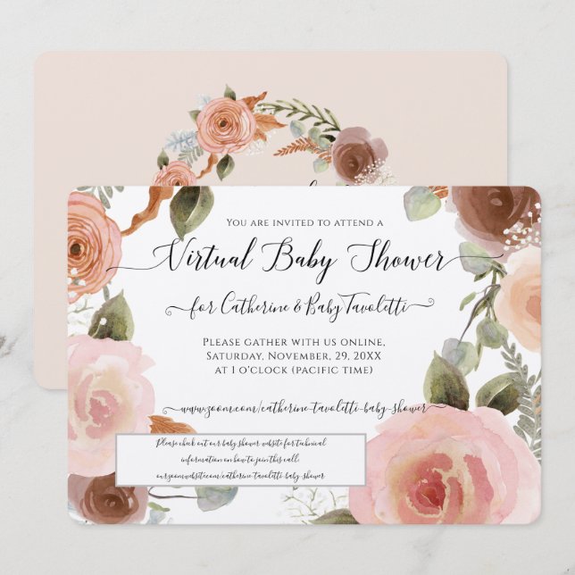 Invitación Virtual Rubor Pink Floral Wreath Baby Shower (Anverso / Reverso)