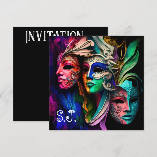 Invitación Visiones vibrantes de máscaras venecianas (Anverso / Reverso)