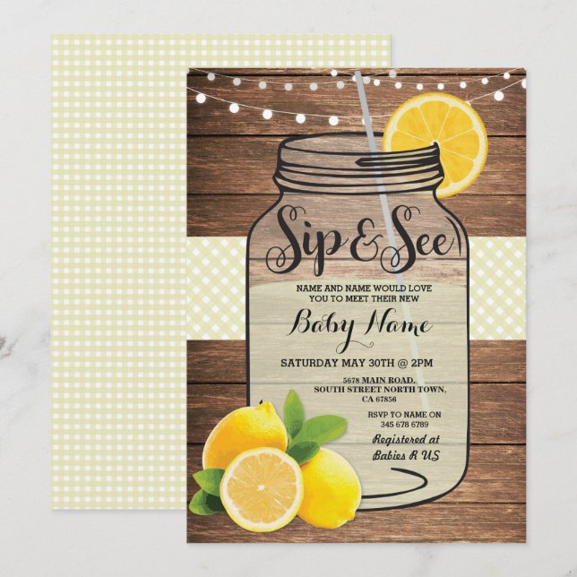 Invitación Visita a Baby Shower Wood Rustic Yellow Invite (Anverso / Reverso)