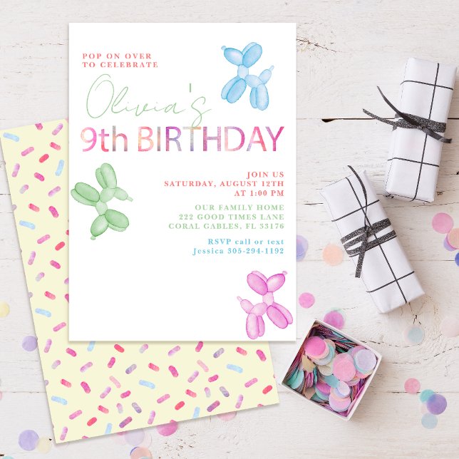 Invitación Visita a más de 9º cumpleaños (pastel modern typography ninth birthday invitations)