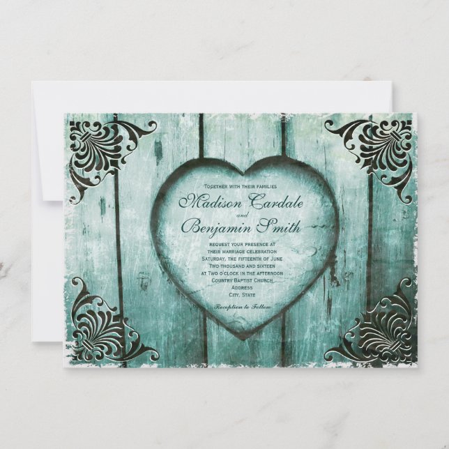 Invitación Vista antigua Aqua Heart on Wood Wedting (Anverso)