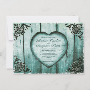 Invitación Vista antigua Aqua Heart on Wood Wedting