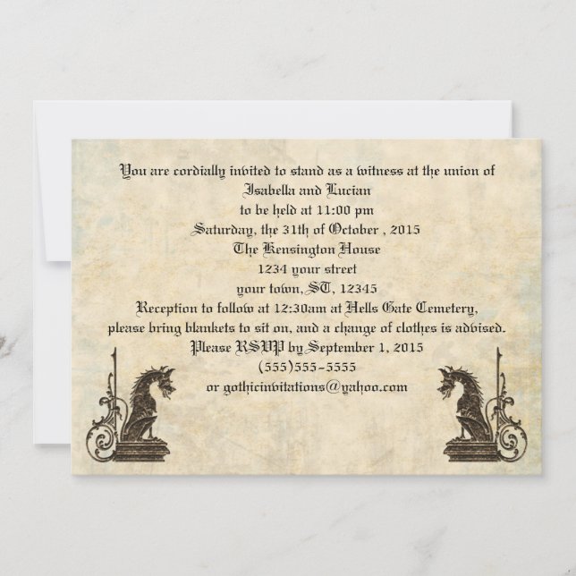 Invitación Vistazo Grabado en relieve Dragones Gótico Invitac (Anverso)