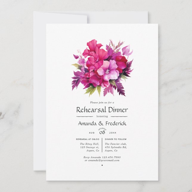 Invitación Viva Magenta Boda Floral Ensayo Cena (Anverso)