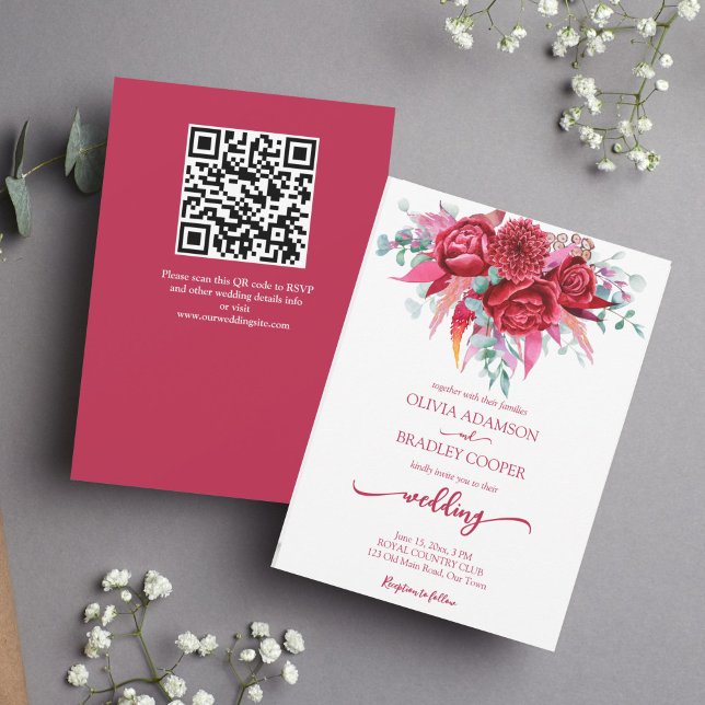 Invitación Viva magenta crimson flores borgoñas eucalipto (Subido por el creador)