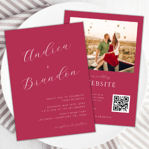 Invitación Viva Magenta Delicate Script Qr Code Boda de fotos
