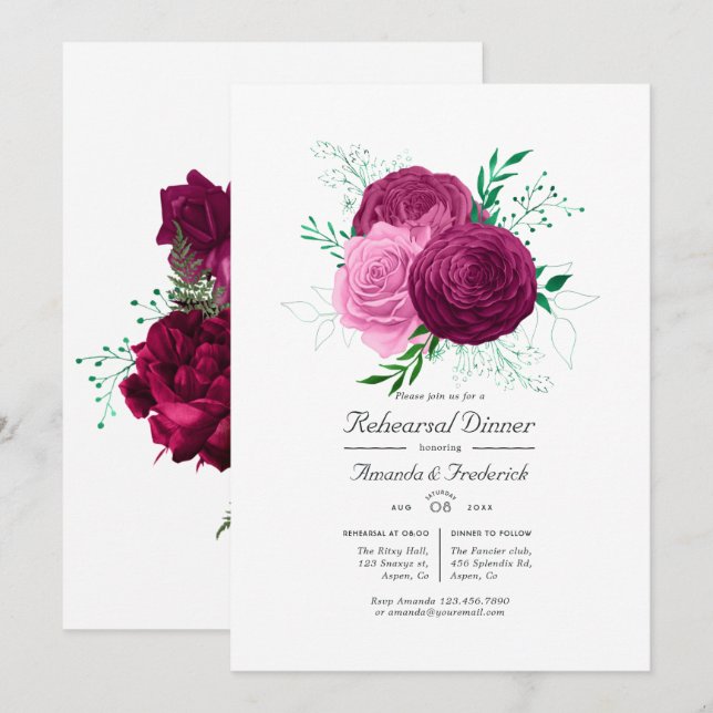 Invitación Viva Magenta Ensayo Floral Cena (Anverso / Reverso)