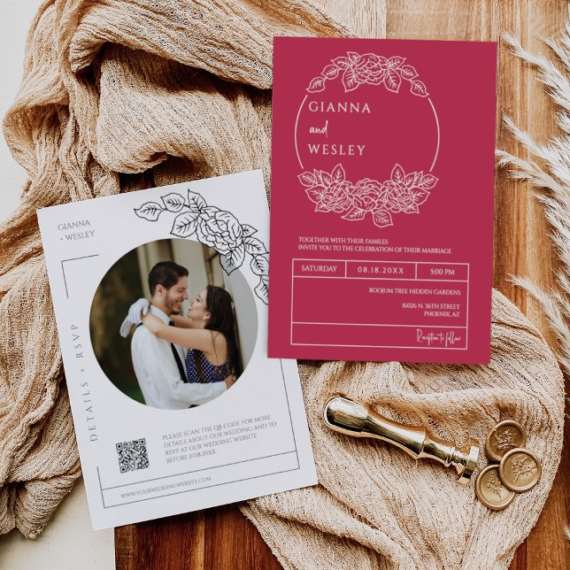 Invitación Viva Magenta Línea Botánica Art QR Código Foto (Subido por el creador)