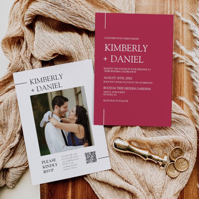 Invitación Viva Magenta Moderno Boda Mínimo QR Código Foto (Subido por el creador)